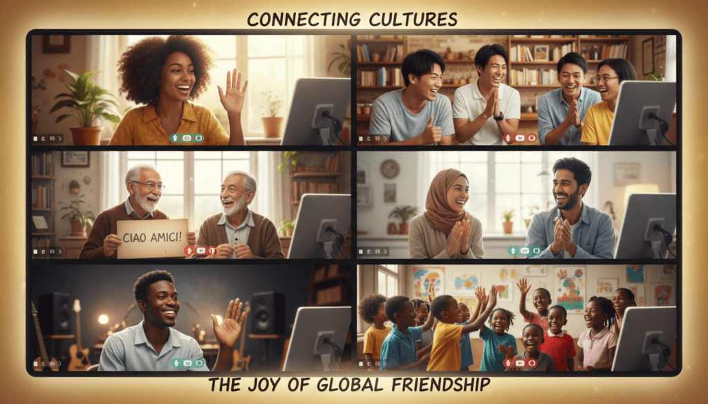 People having positive video chat conversations through webcam