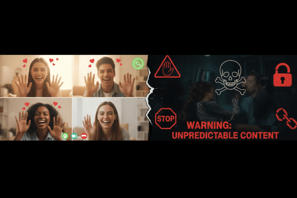 Split image showing both positive and negative aspects of Chatroulette legacy