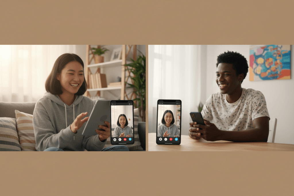 Split screen showing two people on video chat smiling and talking