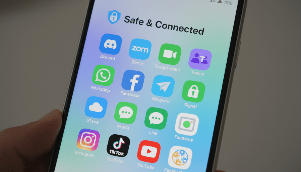 Various safe social media and chat app icons displayed on smartphone
