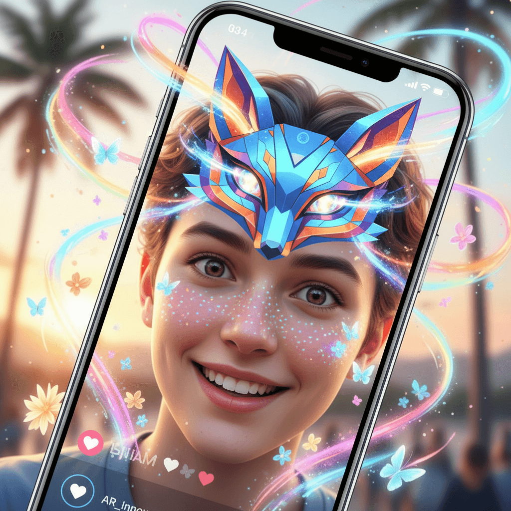 Young person using fun augmented reality filters during video chat