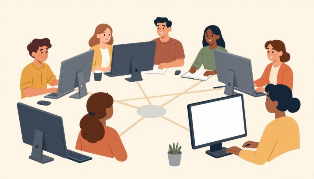 people successfully connecting and chatting online in friendly atmosphere