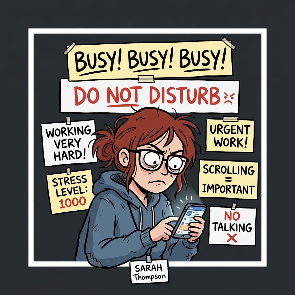 Cartoon mugshot of the 'I'm Busy' type