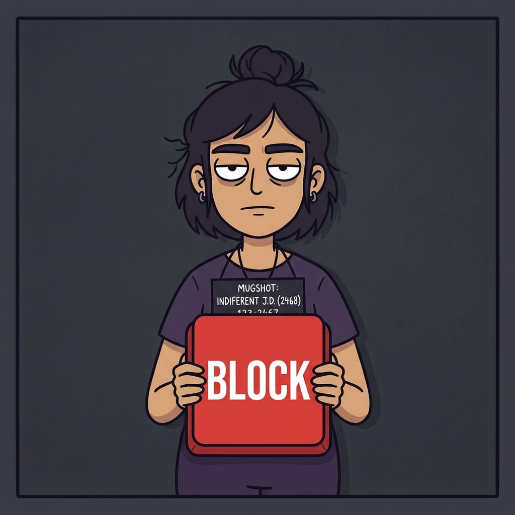 Cartoon mugshot of the Random Blocker