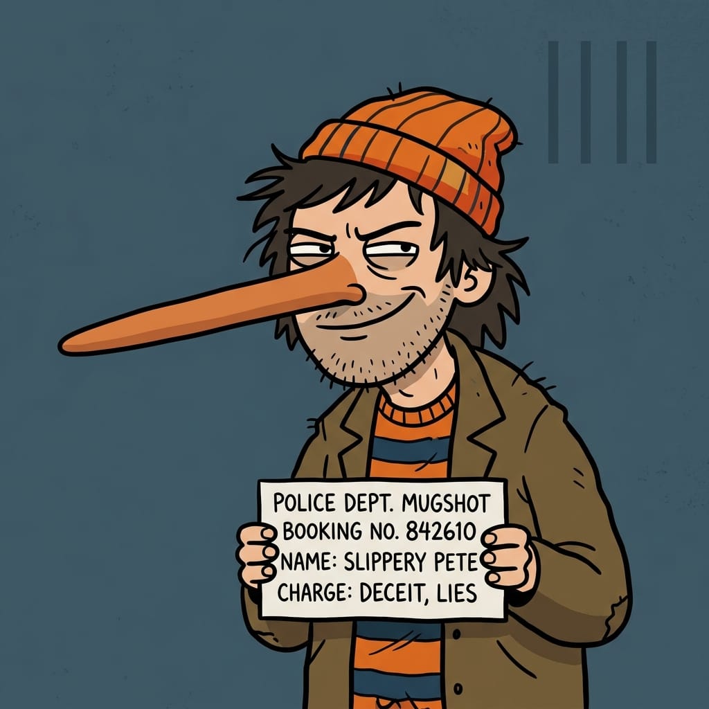 Funny cartoon mugshot of a liar