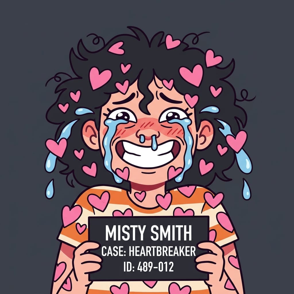 Funny cartoon mugshot of a love bomber