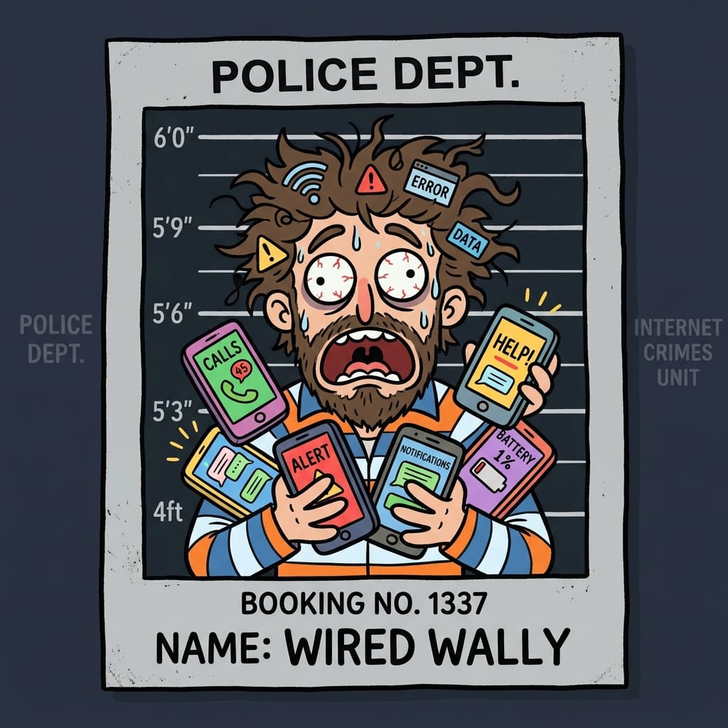 Funny cartoon mugshot of an obsessive chat user