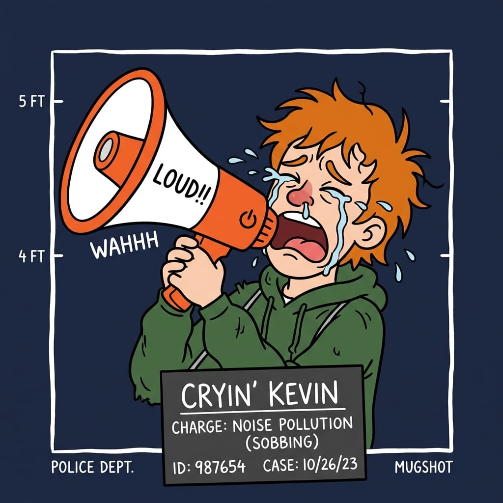 Funny cartoon mugshot of an oversharer