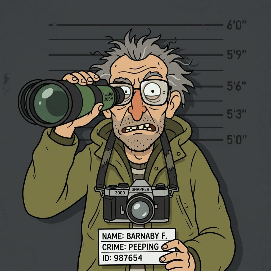Funny cartoon mugshot of a picture hunter