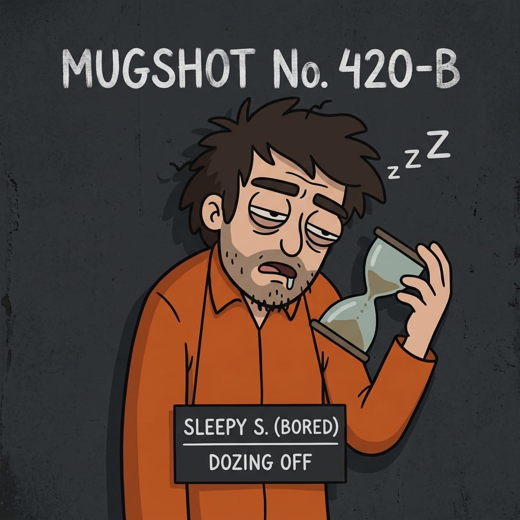 Funny cartoon mugshot of a time waster