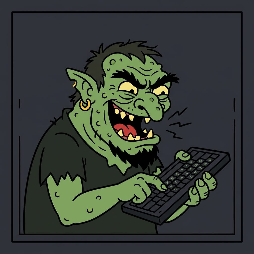 Funny cartoon mugshot of a troll