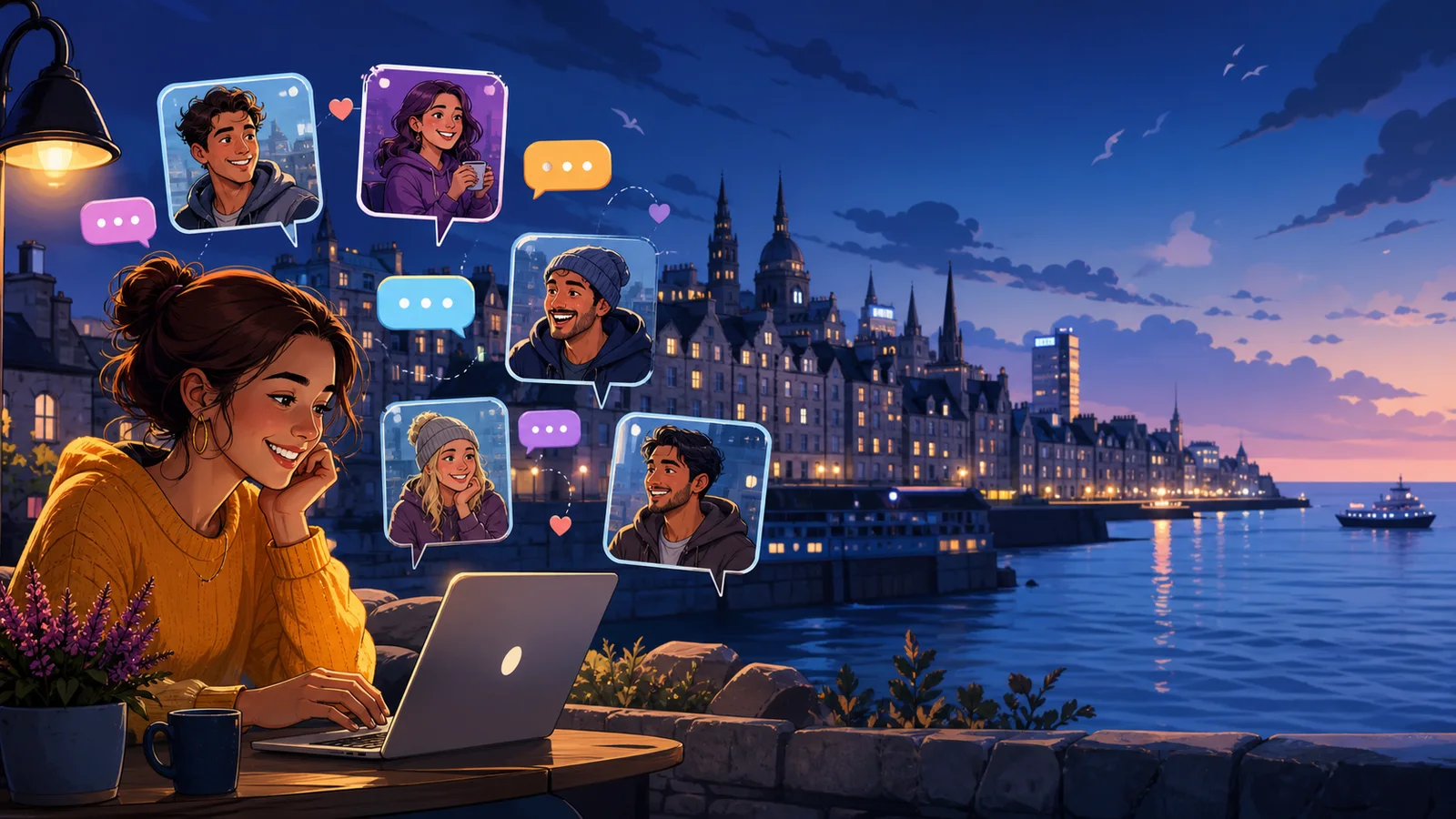 Cartoon Aberdeen chat rooms scene with locals chatting online by the harbour