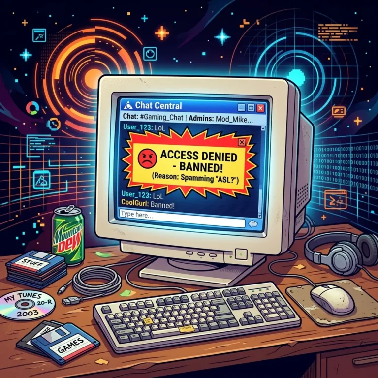 A retro beige CRT computer monitor from the early 2000s showing a glowing red ACCESS DENIED BANNED dialog box