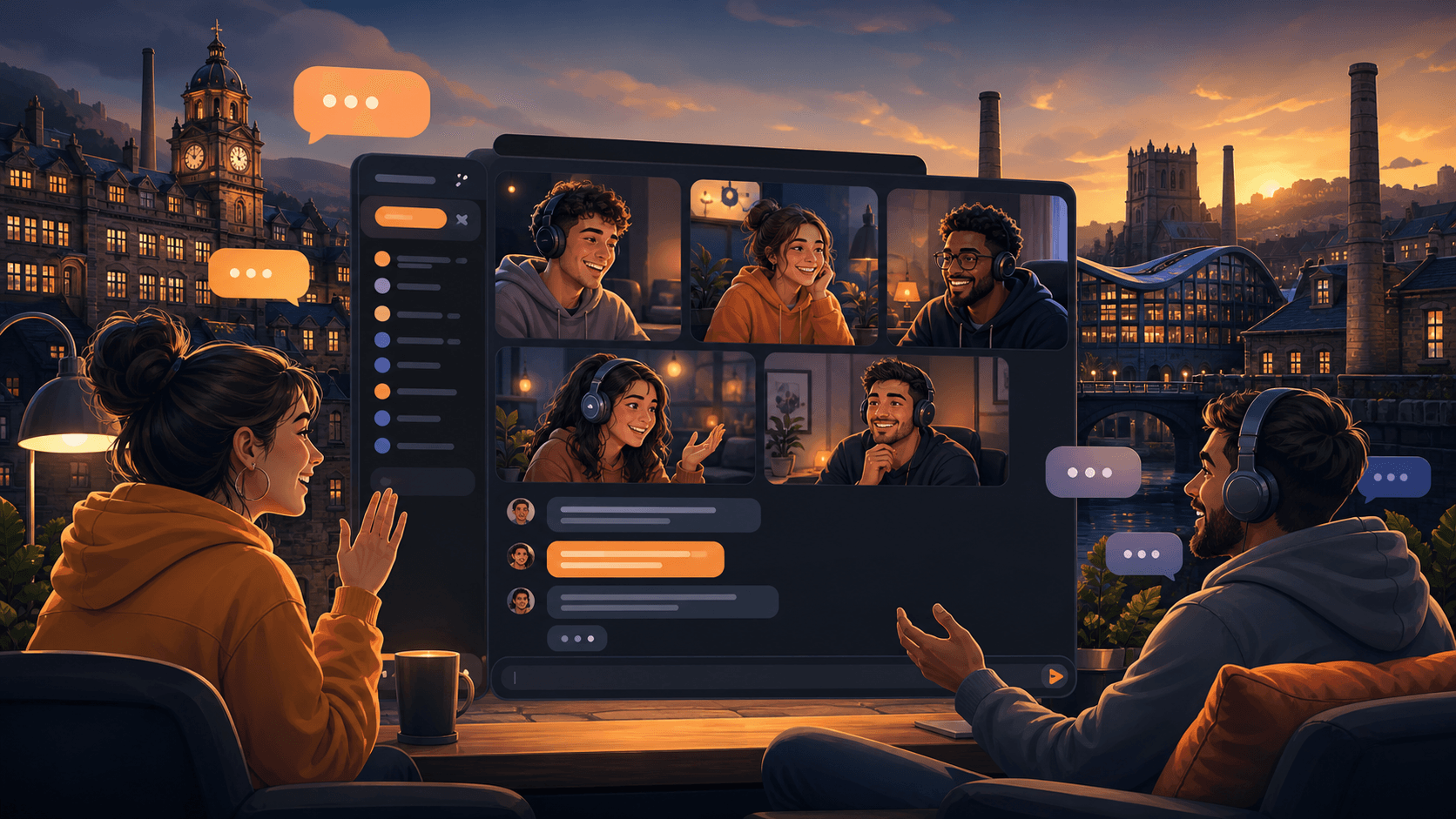 People chatting online with a warm Bradford evening backdrop