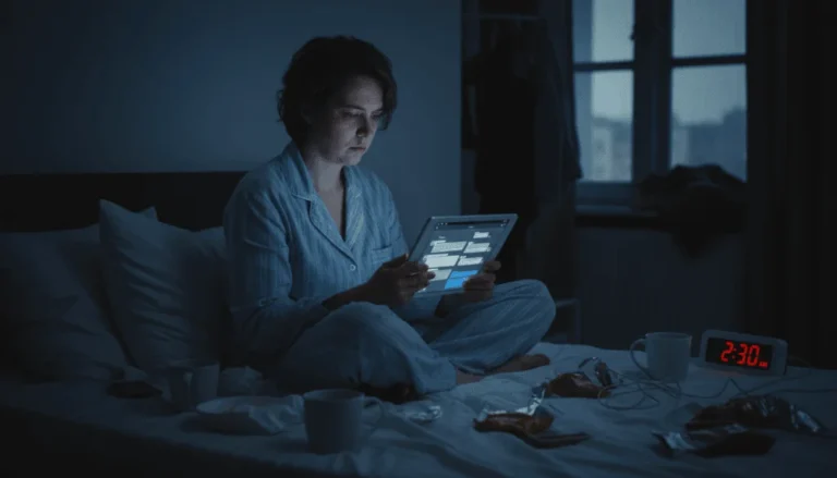 Person using ipad chatting late at night showing signs of sleep deprivation