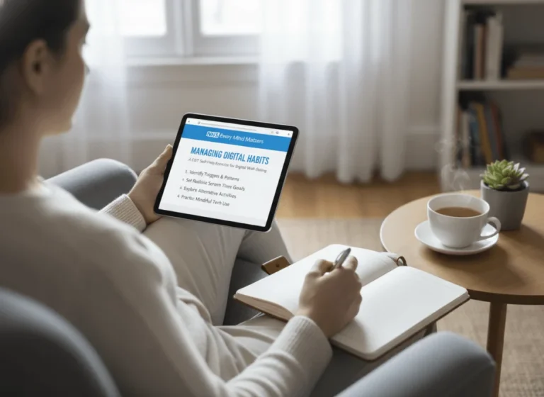 Person using self-help CBT tools on a tablet to manage addiction