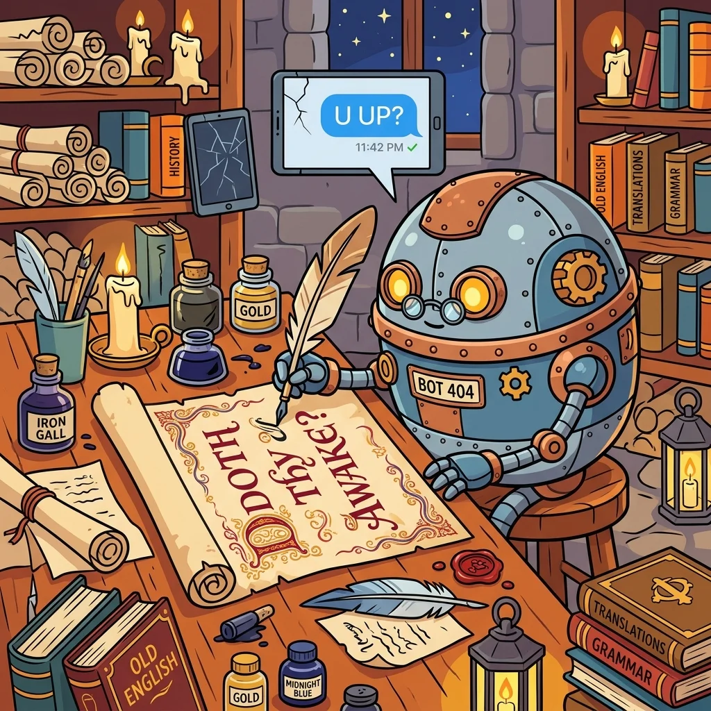 Robot scribe translating modern text into medieval writing