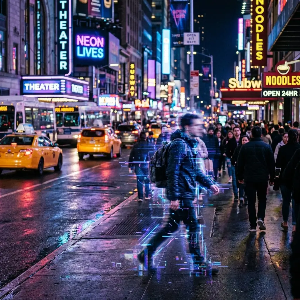 Blurred person walking through a bright city street at night