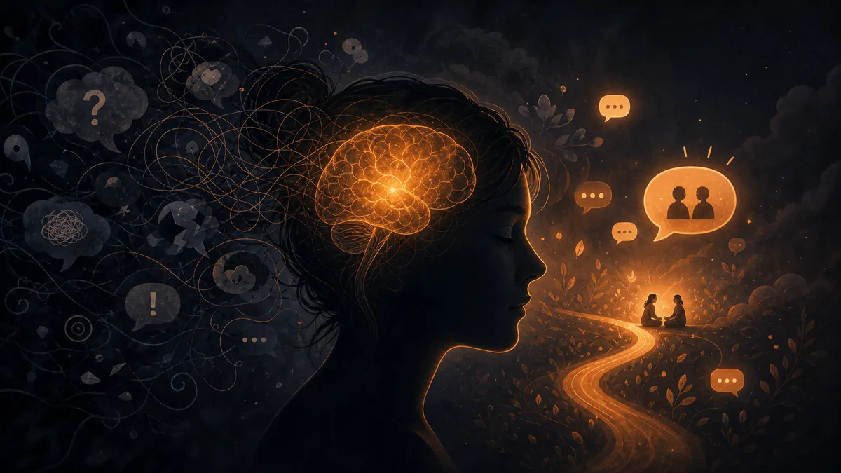 Head silhouette with a glowing brain and swirling anxious thoughts