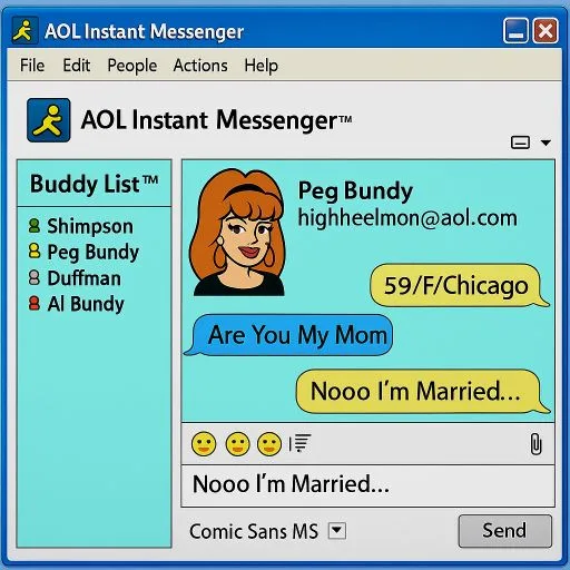 AOL Instant Messenger AIM chat mockup window showing conversation with Peg Bundy and Buddy List