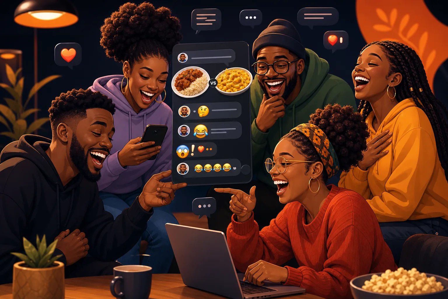People laughing at a food debate on a chat screen