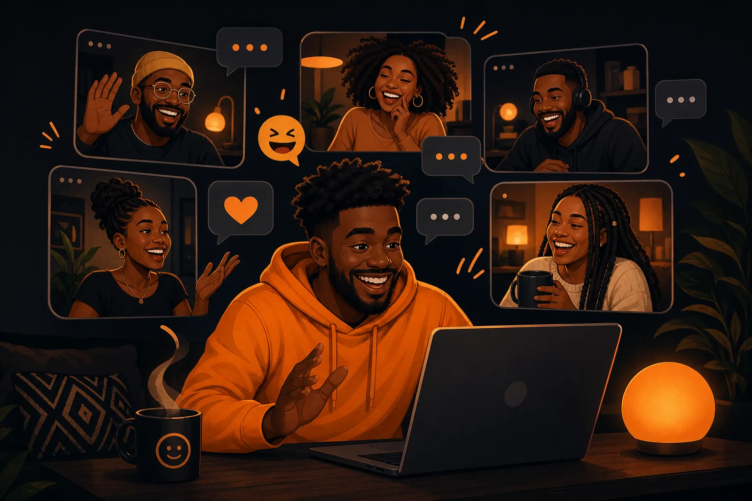 People chatting on video screens around a laptop