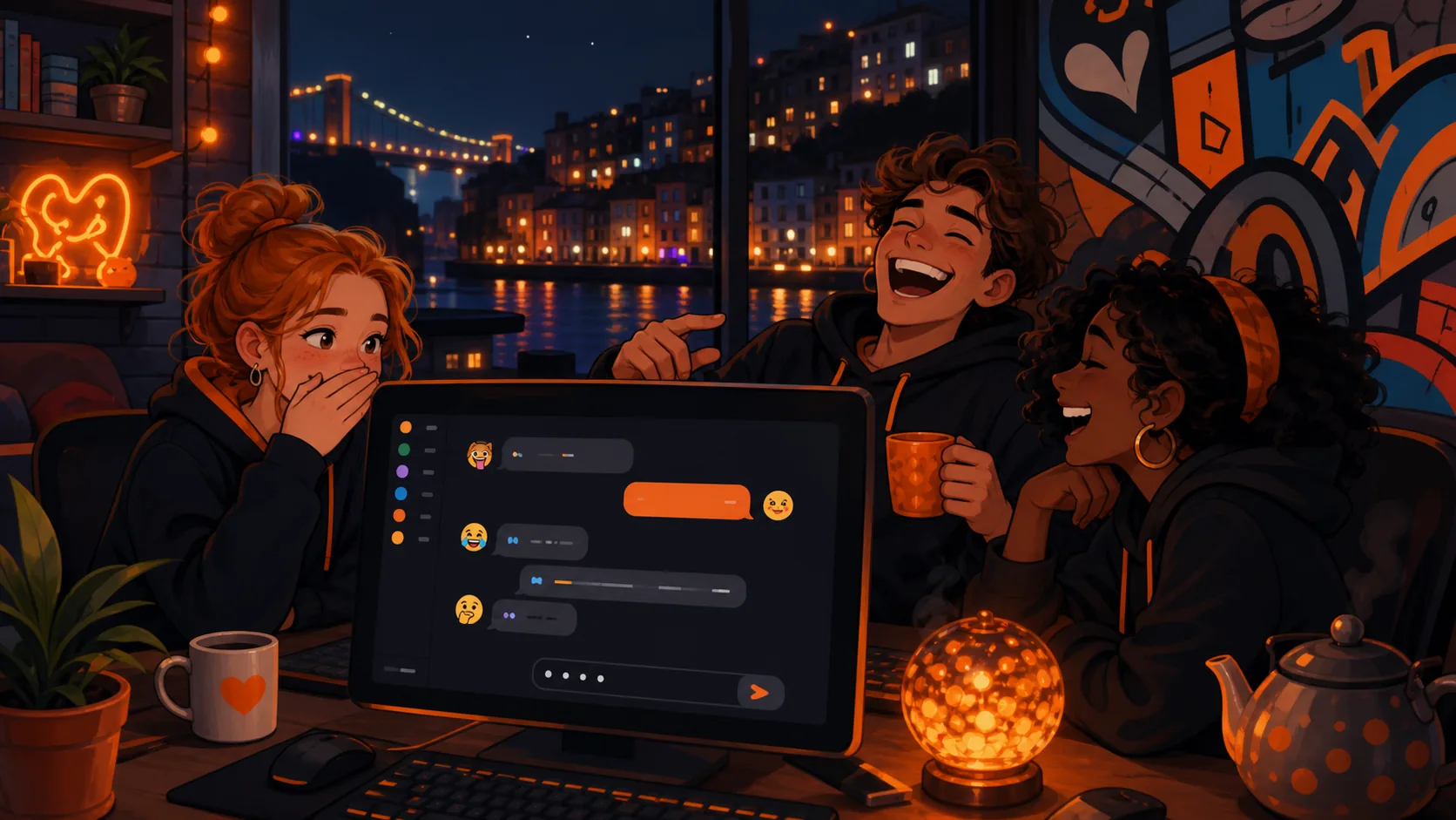 People gathered around a laptop in a playful room
