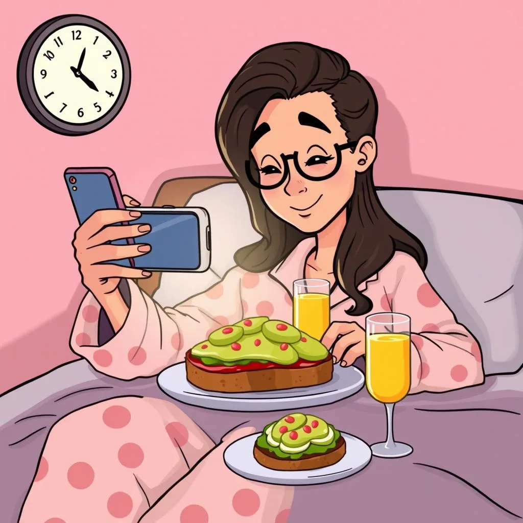 Cartoon person taking a phone photo of brunch and drinks in bed