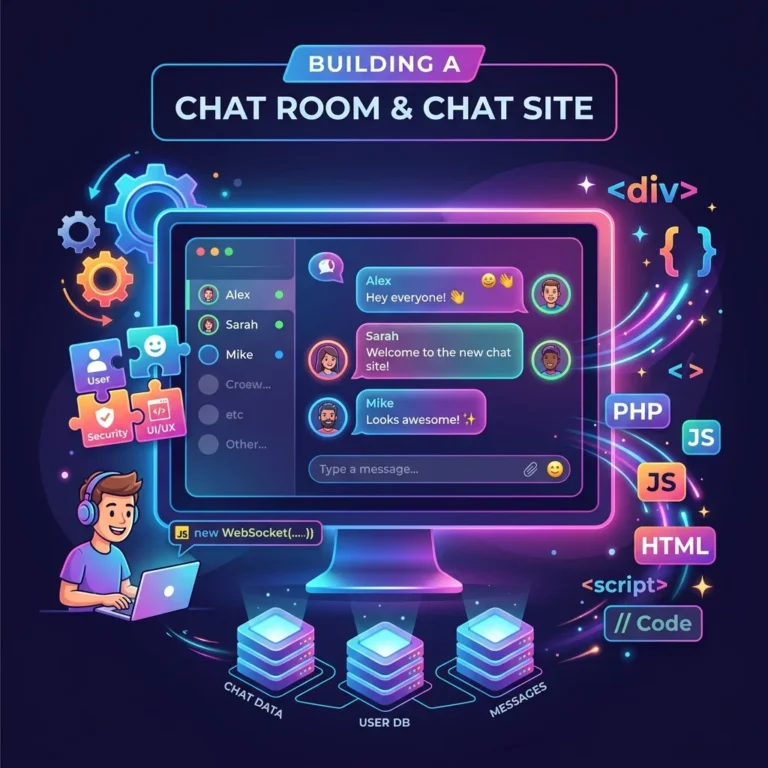 Cartoon vector illustration of a central computer screen displaying a modern glassmorphic chat application with chat bubbles, surrounded by floating gears, server database towers, and code symbols on a colorful gradient background