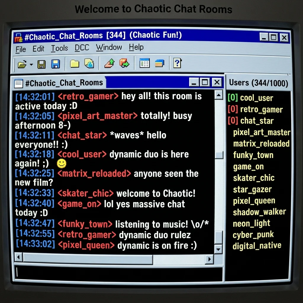 A chaotic 2000s internet chat room scene