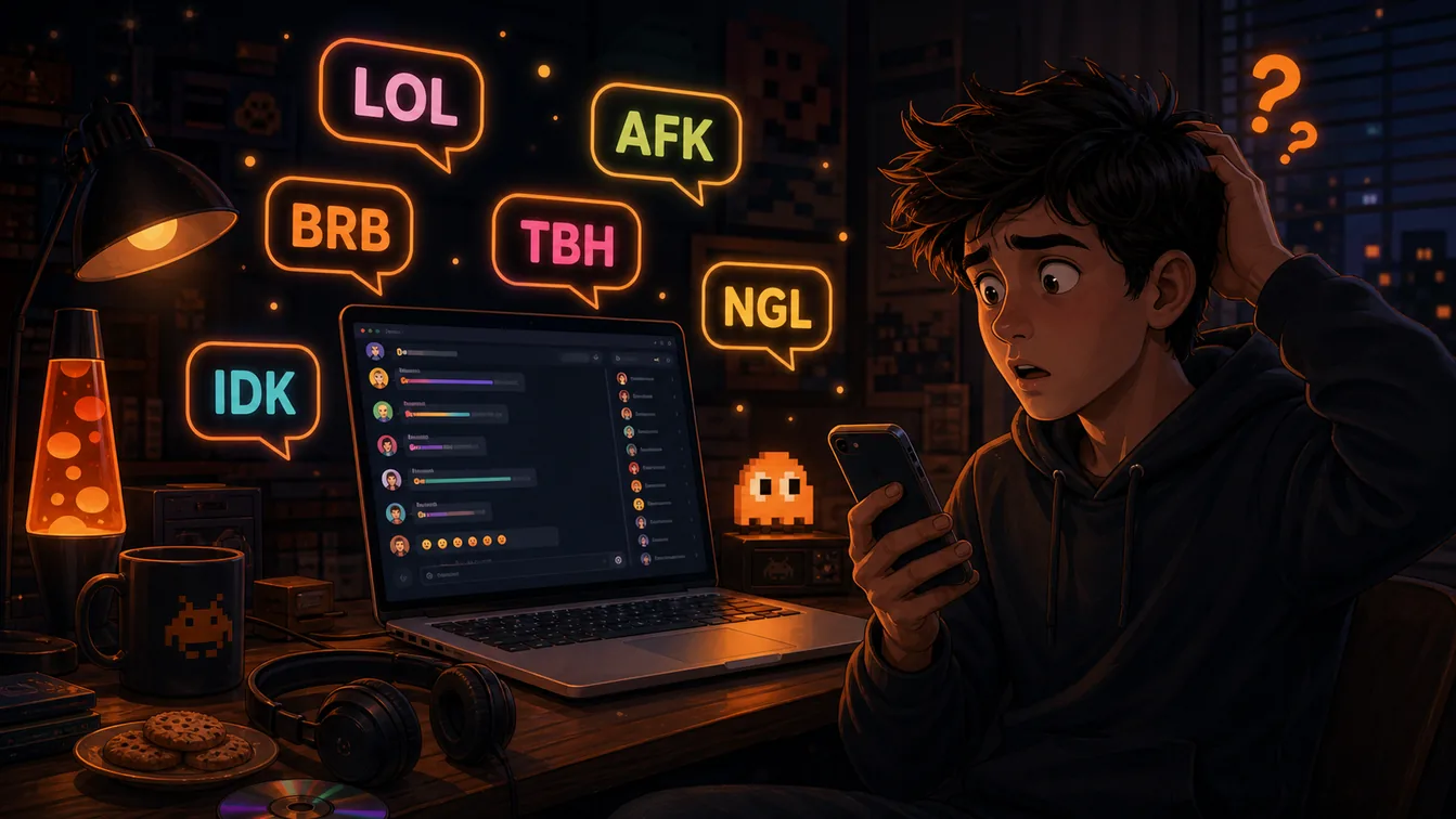 A person looks confused beside a laptop chat room with floating acronym bubbles such as LOL, BRB, AFK, TBH, IDK, and NGL.