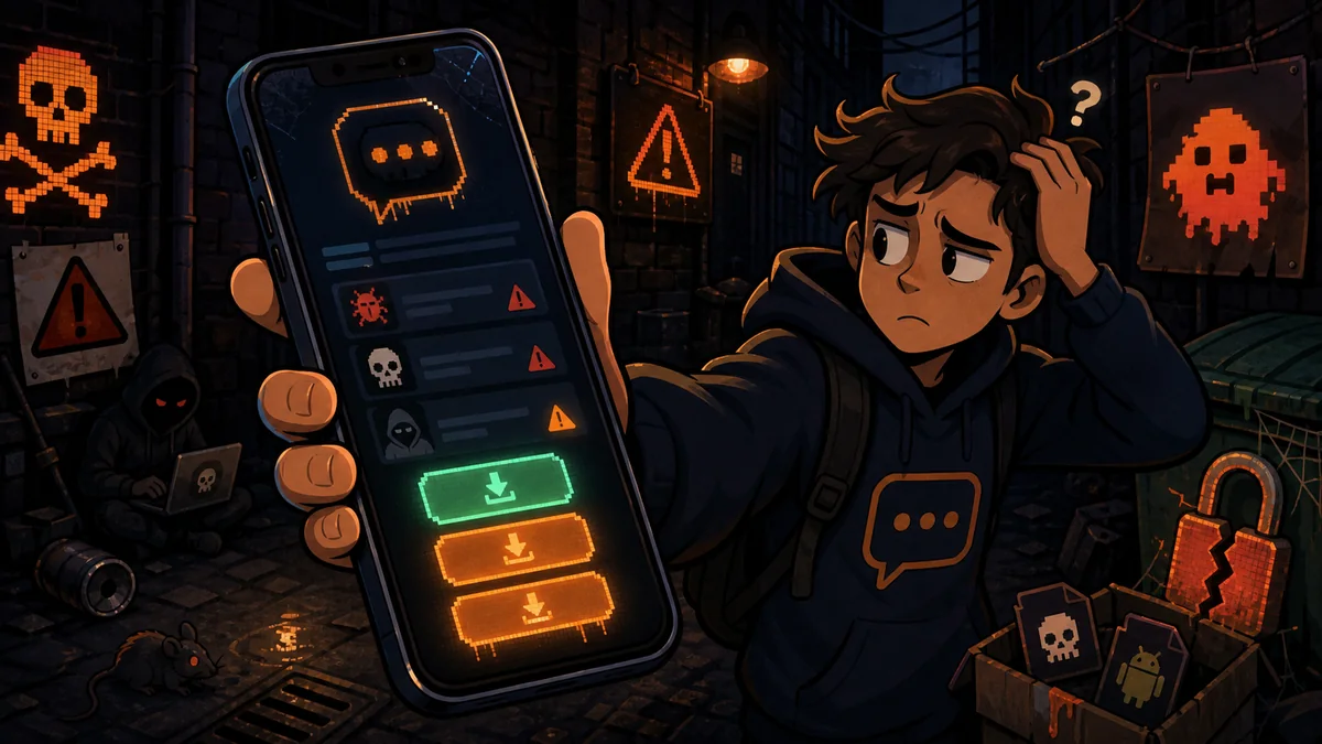 Worried cartoon user holding a phone with warning symbols and download buttons on screen