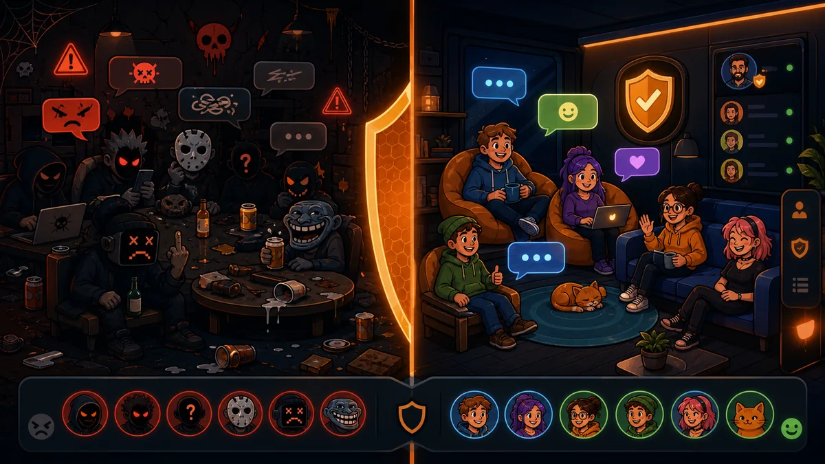 Split illustration with a dark chaotic chat room on the left and a bright moderated lounge on the right