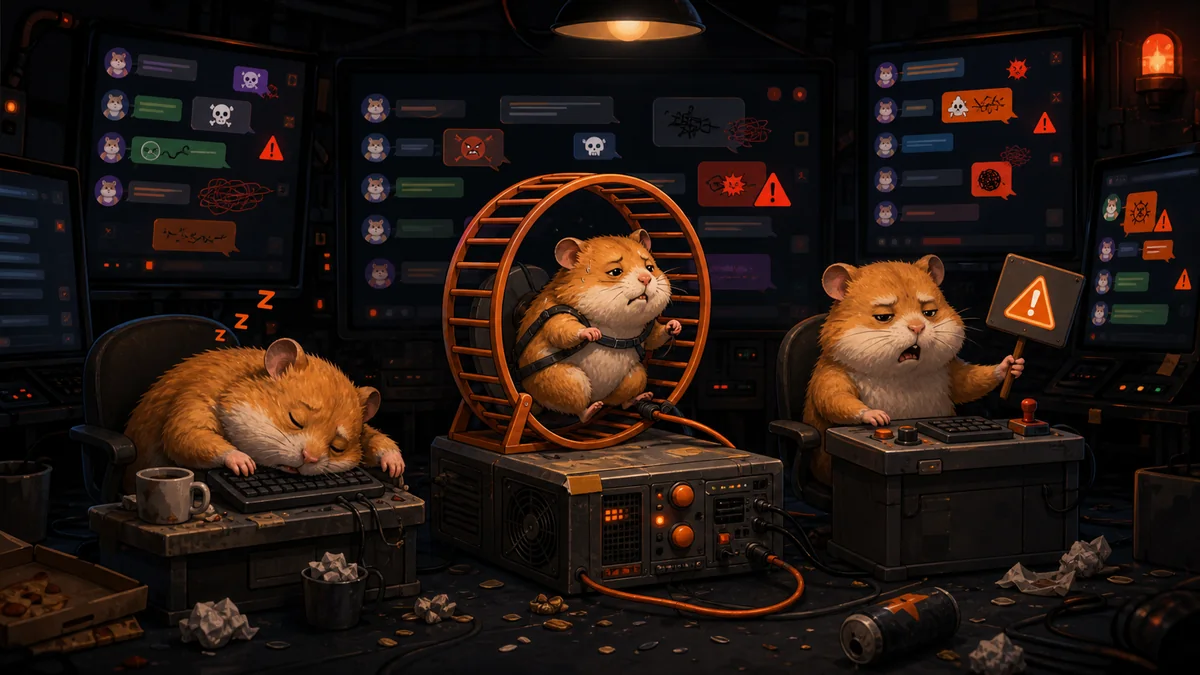 Three tired hamsters operating old moderation screens in a dark control room