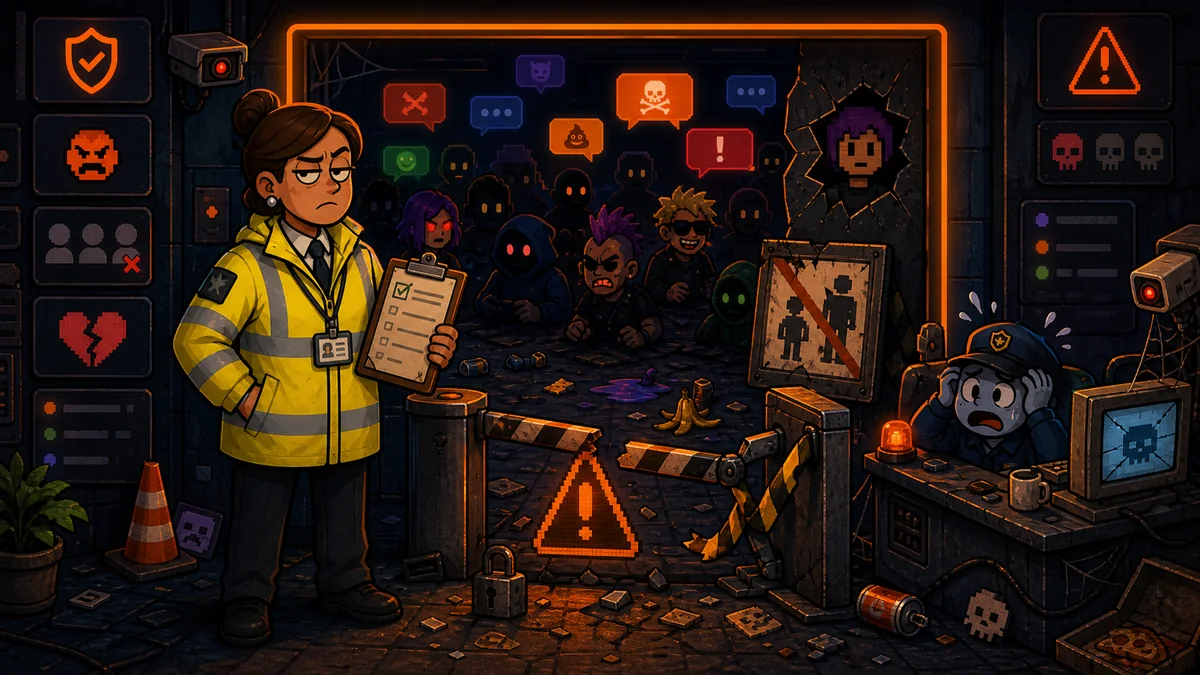 Featured image showing an online safety inspection scene with a chaotic chat room entrance, warning symbols and broken barriers.