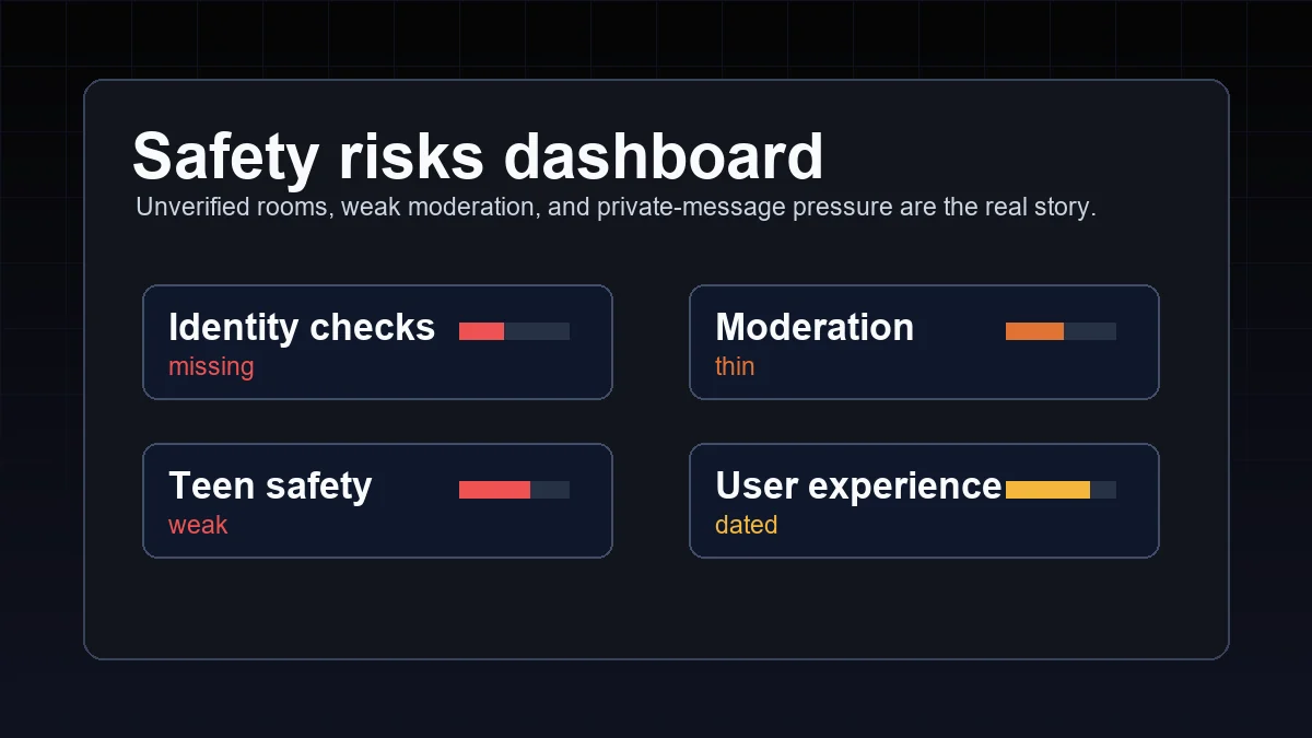 Dashboard graphic listing identity checks, moderation, teen safety and user experience risks