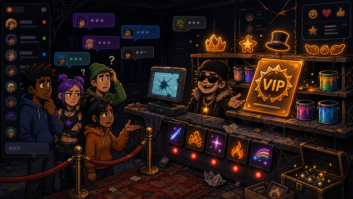Cartoon chat shop counter with a glowing VIP badge, paint cans and confused avatars