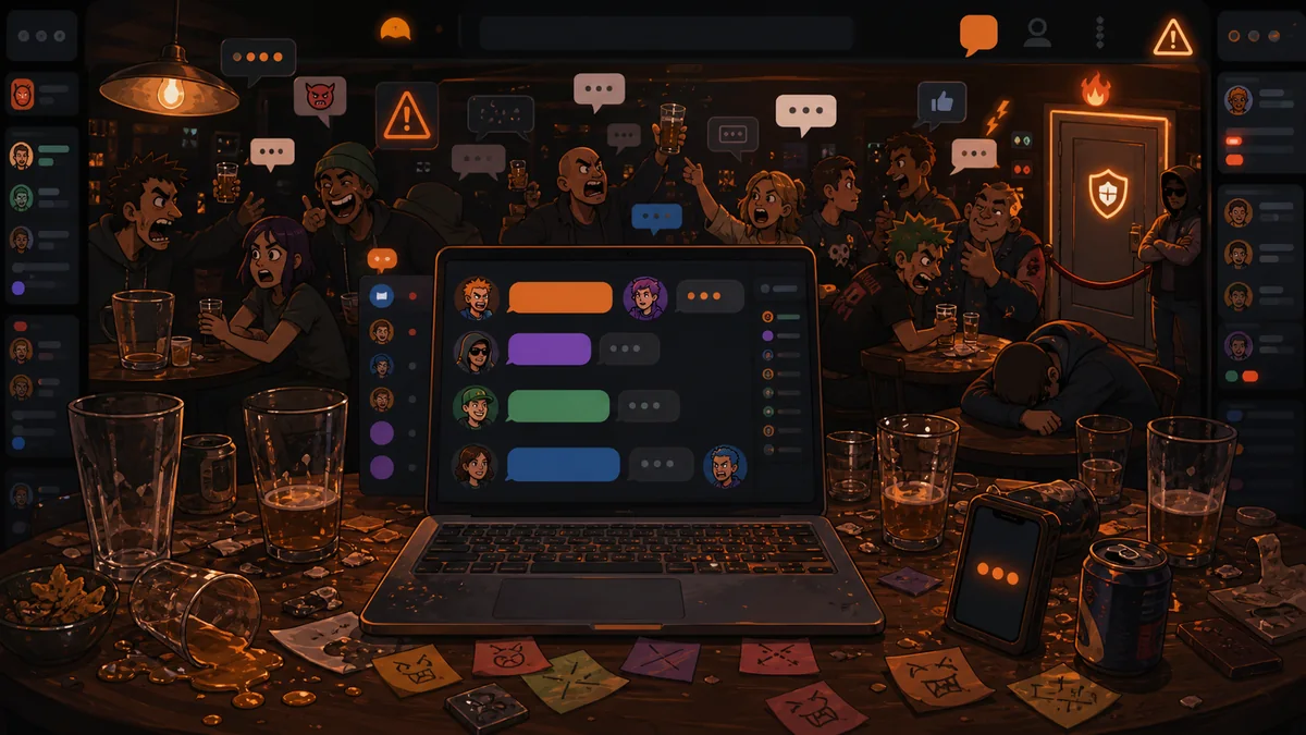 Chaotic digital chat room shown like a messy late-night pub
