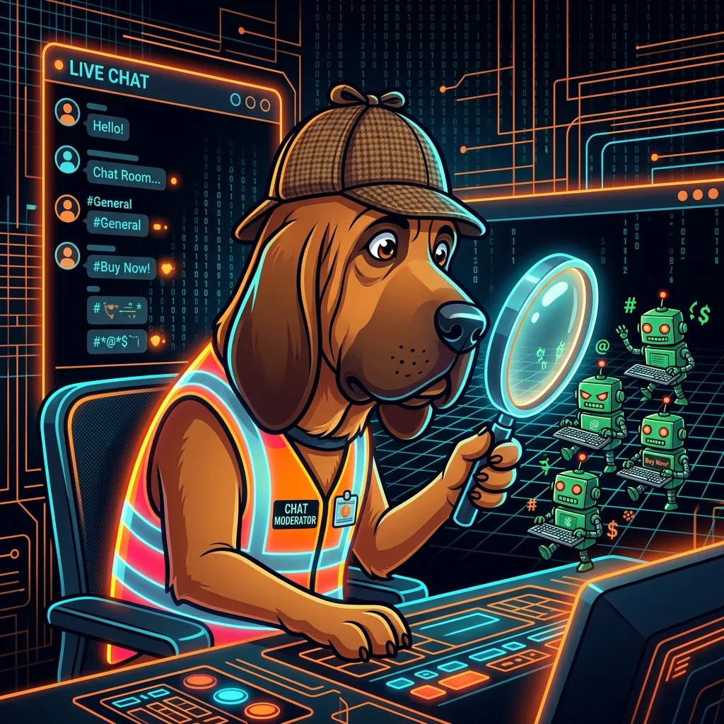 Cartoon bloodhound detective moderator scanning text messages for spam bots