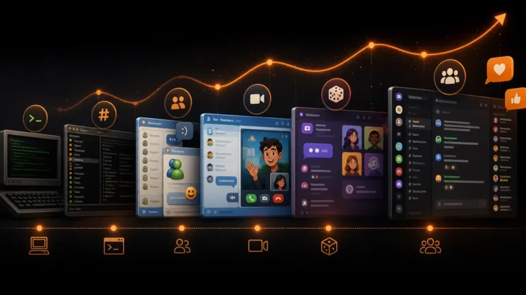 Timeline showing chat rooms evolving from old terminals to modern community platforms
