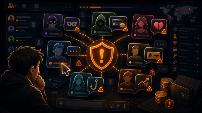 User looking at fake chat profiles, scam icons and a warning shield