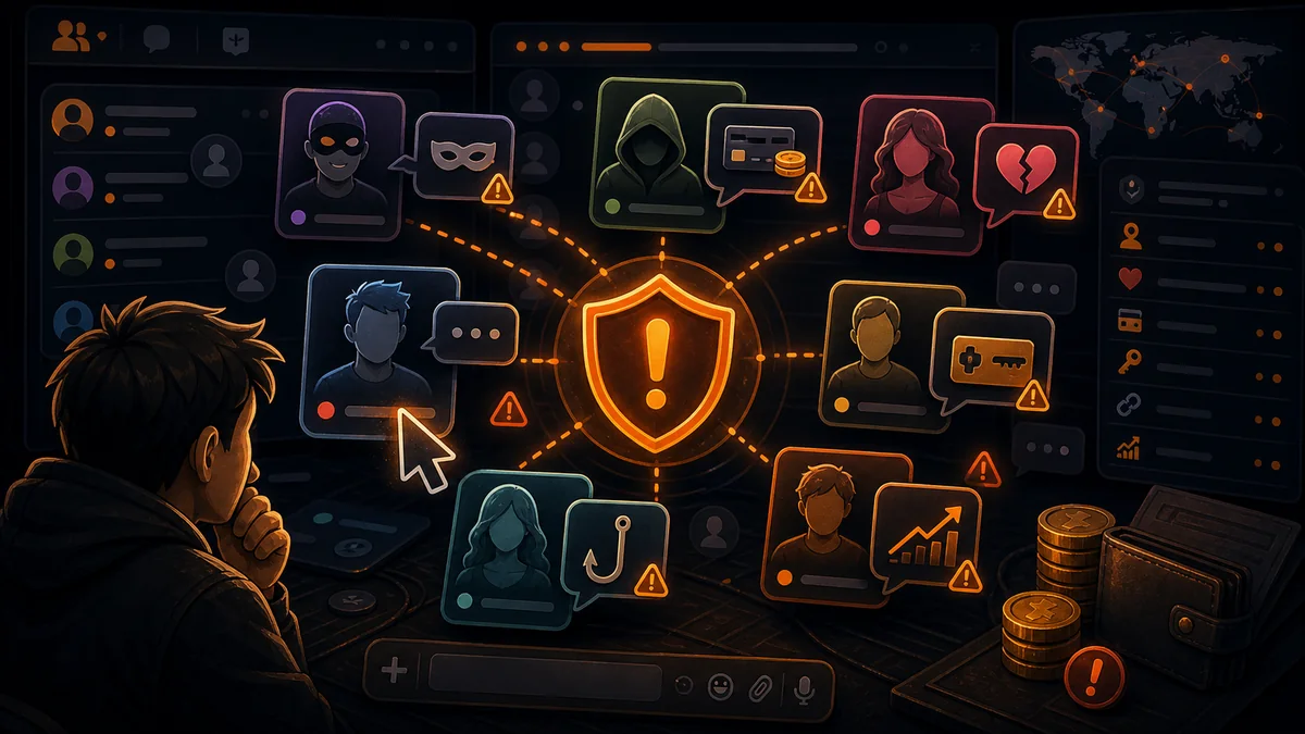 User looking at fake chat profiles, scam icons and a warning shield