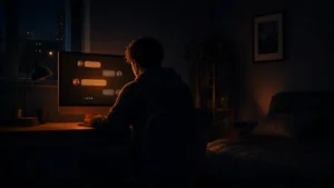 Person sitting alone at a computer in a dark bedroom with chat messages on screen