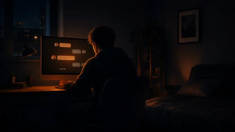 Person sitting alone at a computer in a dark bedroom with chat messages on screen