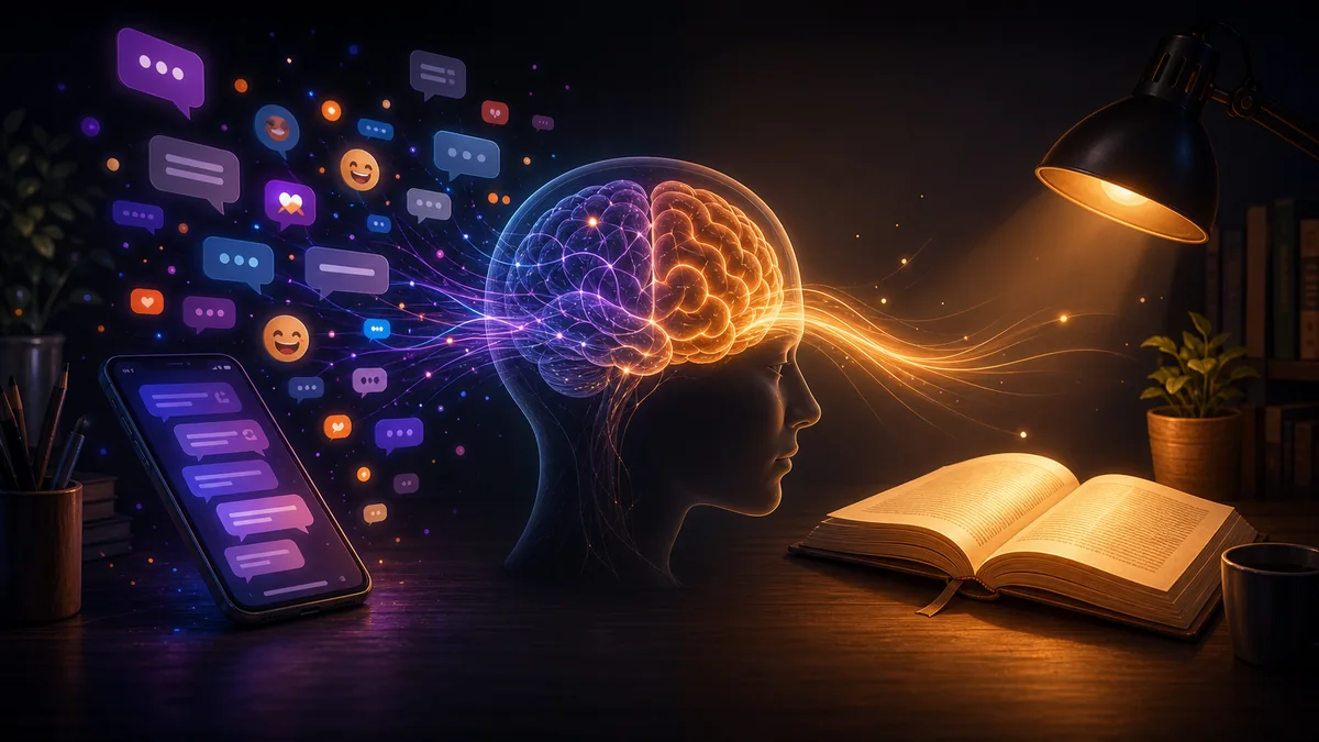 Head silhouette between phone chat bubbles and an open book under a desk lamp
