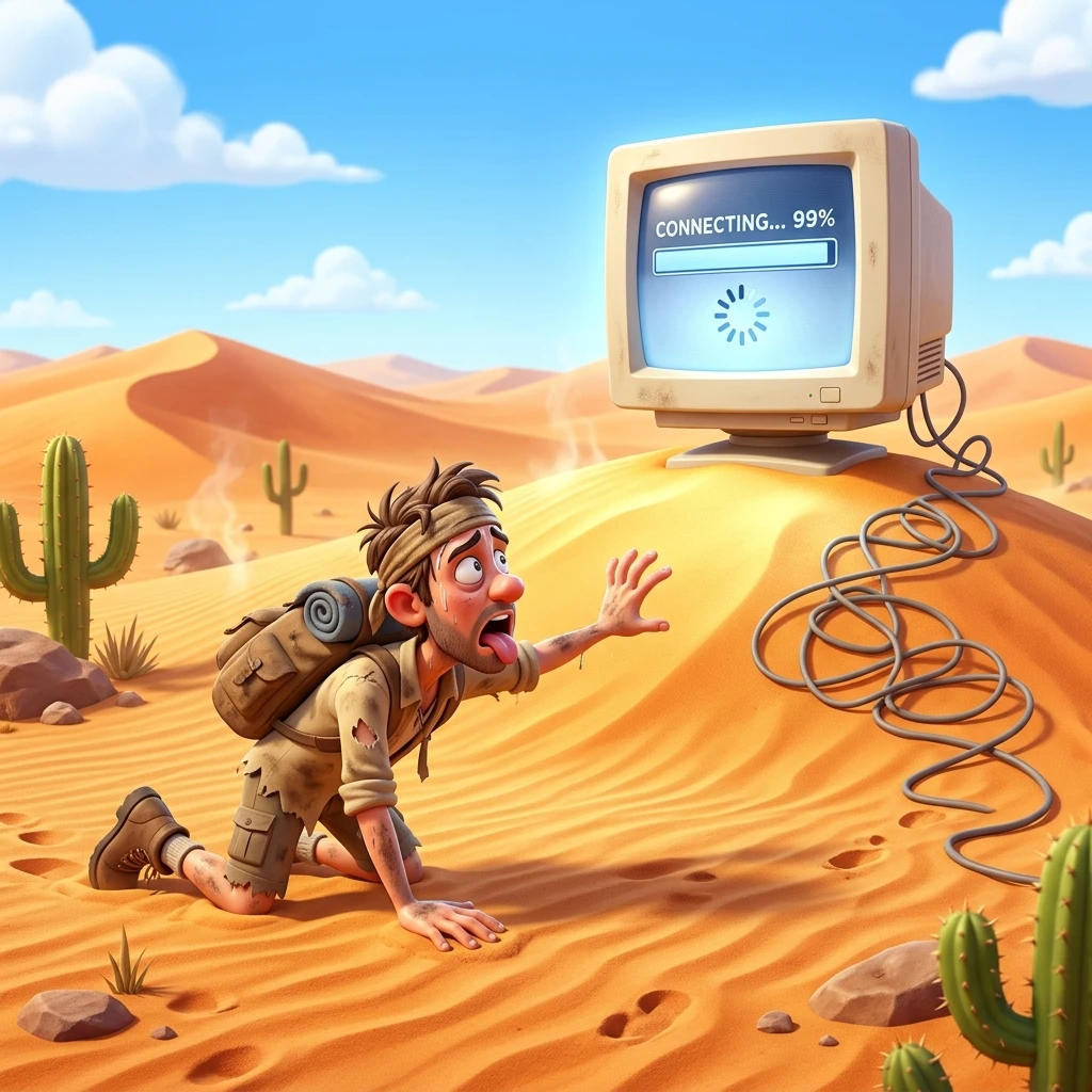 Thirsty traveller crawling towards a mirage of a computer monitor showing a loading bar in a desert