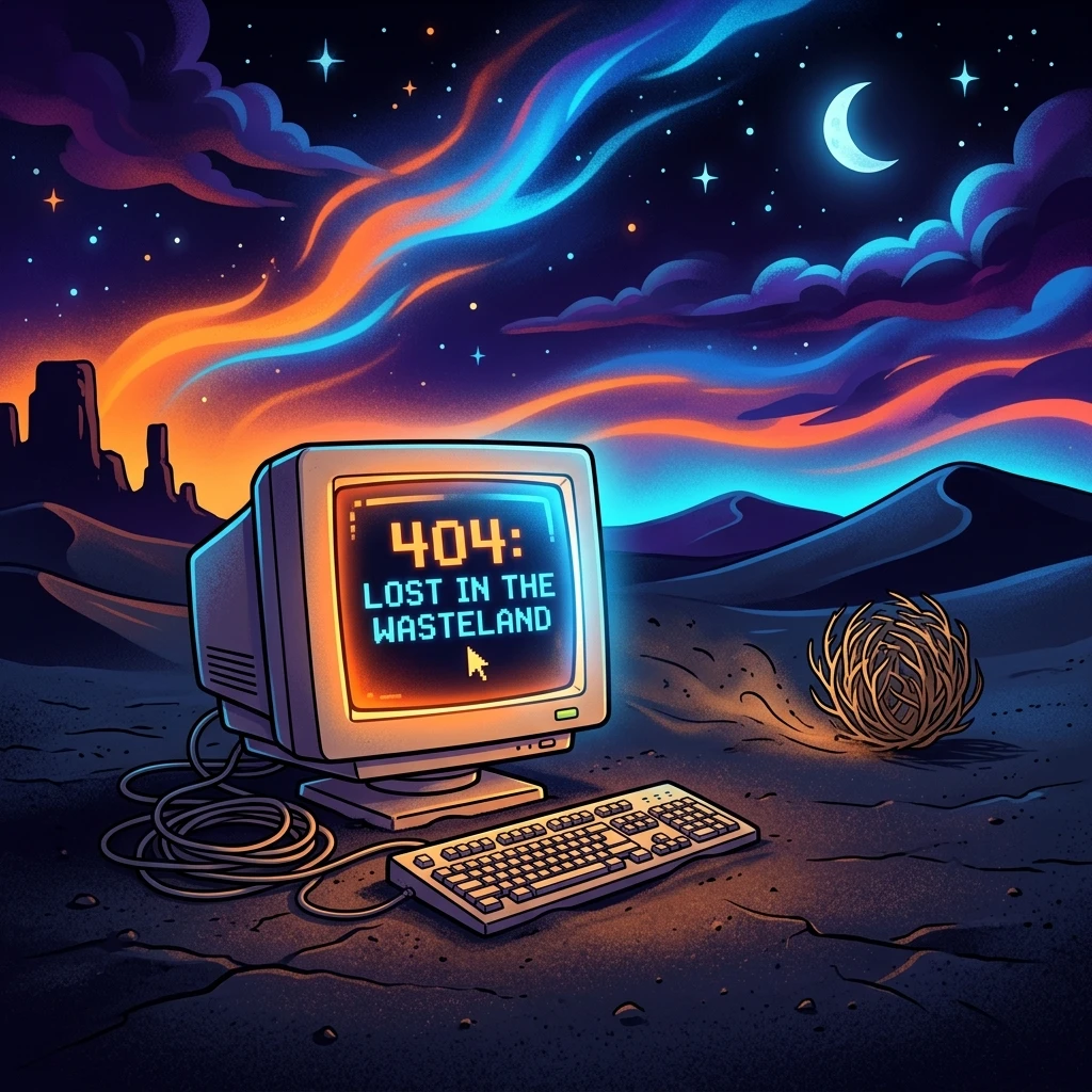 Retro computer monitor sitting in a desert wasteland