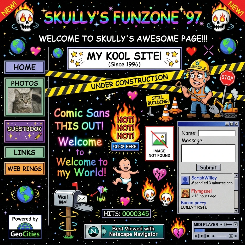 Retro 90s website explosion with spinning skulls
