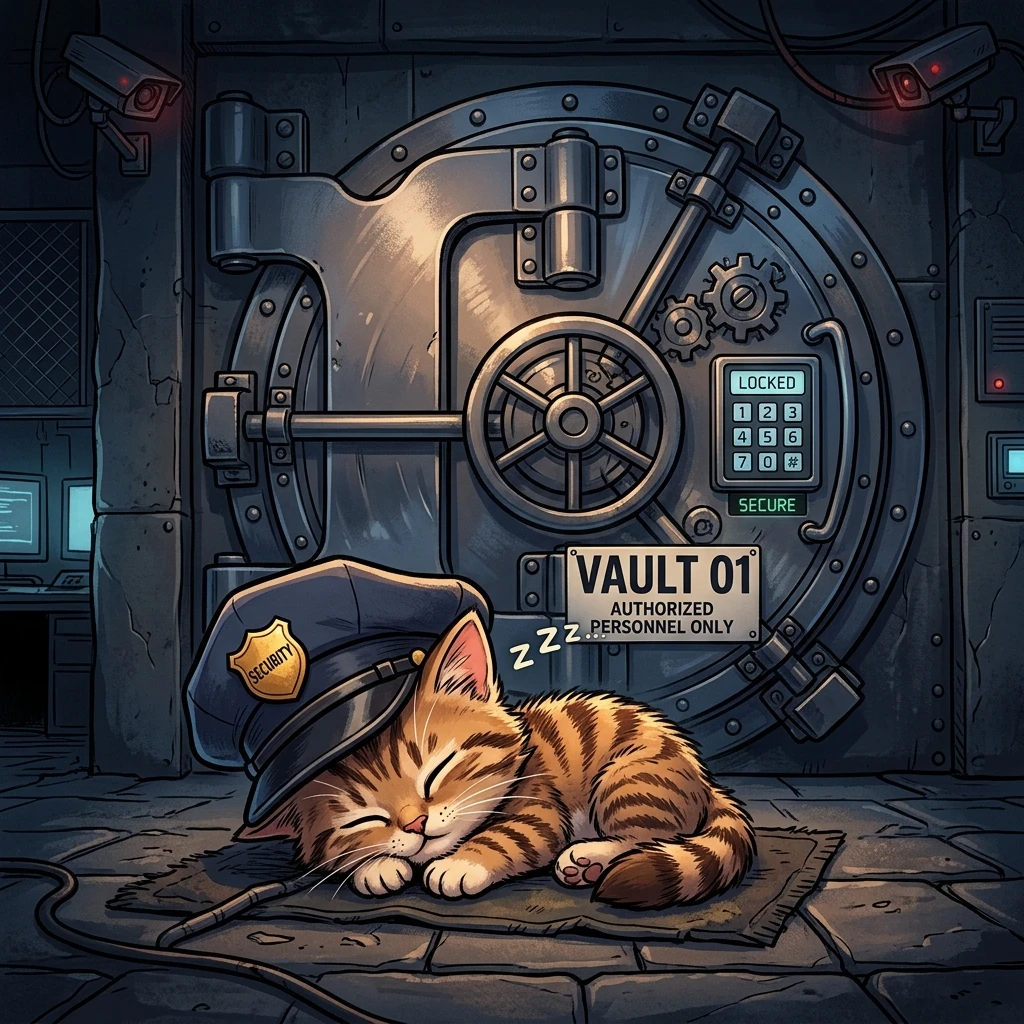 Sleepy kitten in guard cap sleeping in front of bank vault