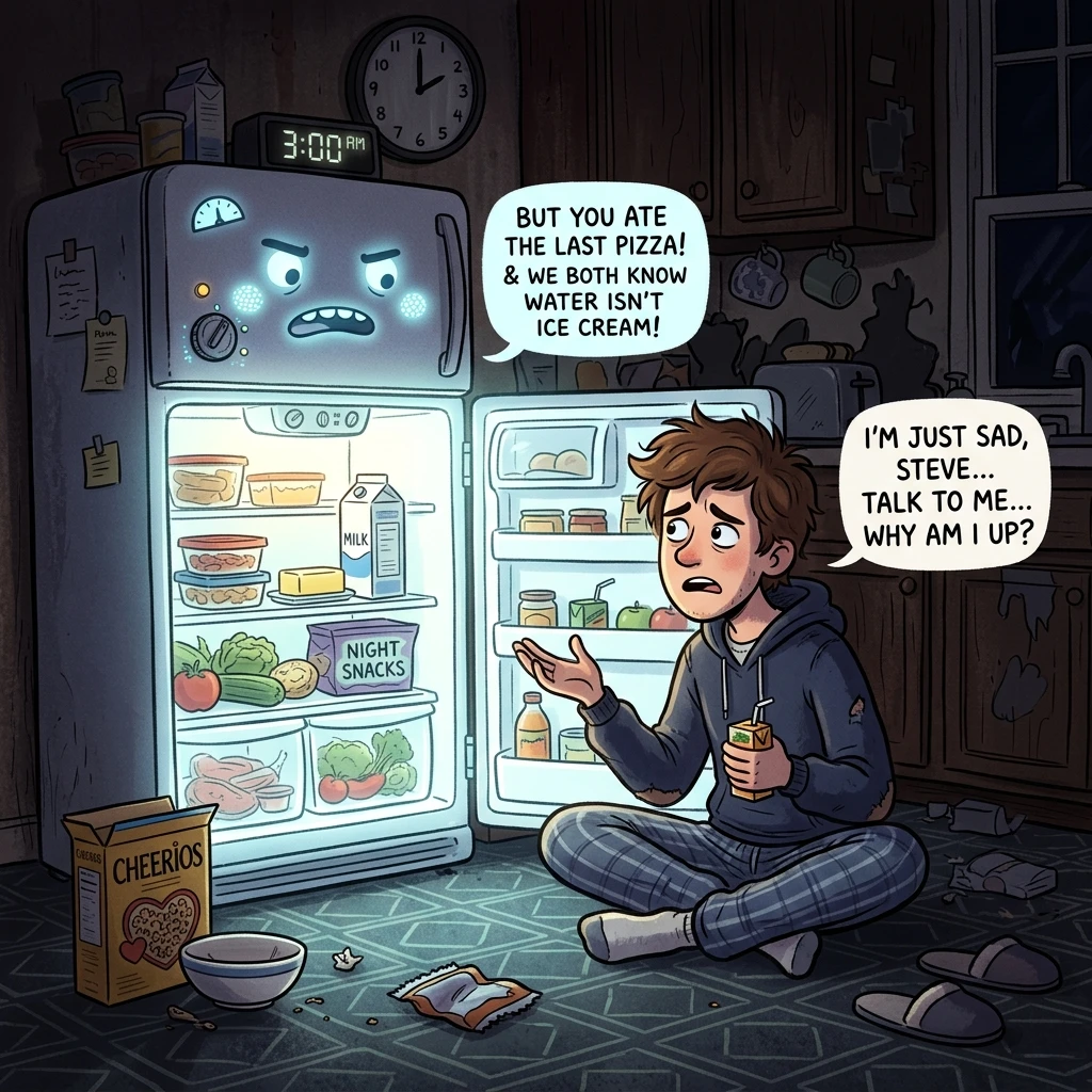 Sad guy talking to glowing refrigerator at 3 AM